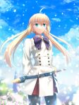  1girl absurdres ahoge aqua_eyes arms_behind_back artoria_caster_(fate) artoria_caster_(second_ascension)_(fate) artoria_pendragon_(fate) bangs belt belt_buckle black_pantyhose blonde_hair blue_belt blue_bow blue_sky bow bowtie buckle buttons clouds commentary day dress fate/grand_order fate_(series) grin hair_between_eyes highres long_hair long_sleeves looking_away outdoors pantyhose petals revision sheath sheathed shoori_(migiha) short_sword sky smile solo sword takeuchi_takashi_(style) twintails weapon white_dress 