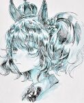  1girl animal_ears aston_machan_(umamusume) bangs bow closed_mouth commentary_request crown ear_piercing grey_background hair_between_eyes highres horse_ears looking_away mini_crown monochrome one_side_up piercing portrait simple_background solo sy_a3 tilted_headwear umamusume 