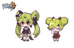  2girls :&gt; ai-chan_(chrono_navi)_(honkai_impact) ai-chan_(honkai_impact) bangs black_bow black_skirt blush bow braid chibi closed_eyes closed_mouth commentary_request copyright_name double_bun elbow_gloves gloves green_hair hair_between_eyes hair_bow hair_bun hair_ornament hair_rings hairclip honkai_(series) honkai_impact_3rd meadow_(morphinecaca) multiple_girls pleated_skirt red_eyes red_gloves shirt shoes simple_background single_glove skirt sleeveless sleeveless_shirt striped striped_bow thigh-highs triangle_mouth twintails watermark white_background white_footwear white_shirt white_thighhighs 