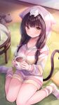  1girl animal_ears animal_hood animal_on_head animal_slippers asakura_karen_(heaven_burns_red) bangs black_hair blush brown_eyes brown_footwear cat cat_ears cat_hood cat_tail closed_mouth commentary_request cup fake_animal_ears heaven_burns_red highres holding holding_cup hood hood_up hooded_jacket jacket long_hair long_sleeves looking_at_viewer mug nemuri_nemu no_shoes on_head puffy_long_sleeves puffy_sleeves short_shorts shorts sitting slippers slippers_removed smile socks solo striped striped_jacket striped_shorts striped_socks table tail wariza white_cat wooden_floor 