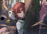  1boy animal_on_shoulder behind_tree bird bird_on_shoulder black_sweater flower glitch hair_between_eyes hair_flower hair_ornament hairclip hanasaki_miyabi highres hollow_eyes holostars horse kyomu_suzume layered_sleeves long_sleeves looking_at_viewer male_focus momoko_blossom parted_lips plant redhead shirt short_hair short_over_long_sleeves short_sleeves solo sparrow sweater tree upper_body vines virtual_youtuber white_shirt xmayo0x yellow_eyes 