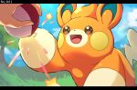  1other :d absurdres brown_eyes clouds commentary_request day highres holding holding_poke_ball letterboxed open_mouth outdoors pawmi poke_ball poke_ball_(basic) pokedex_number pokemon pokemon_(creature) roncha_(shumokumoku) sky smile star_(symbol) tongue tree 