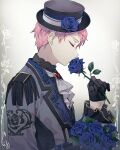  1boy bangs black_gloves black_headwear black_shirt blue_flower blue_rose boater_hat bouquet brooch closed_eyes covered_mouth dress_shirt ensemble_stars! epaulettes floral_print flower framed frilled_sleeves frills from_side gem gloves gradient_background grey_background grey_jacket half_gloves hat hat_flower highres holding holding_bouquet holding_flower itsuki_shu jacket jewelry kaminokefusa kissing_object lapels long_sleeves male_focus neck_ribbon notched_lapels pink_hair profile red_gemstone ribbon rose rose_print shirt short_hair solo upper_body white_background white_ribbon 