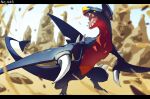  absurdres black_sclera blurry claws colored_sclera commentary_request garchomp highres letterboxed no_humans open_mouth pokedex_number pokemon pokemon_(creature) rock roncha_(shumokumoku) sand sharp_teeth solo spikes standing teeth tongue yellow_eyes 
