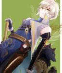  2boys armor black_gloves black_pants blonde_hair blue_eyes blue_tunic border closed_mouth collared_coat cowboy_shot elbow_gloves fate/grand_order fate_(series) furry furry_male gauntlets glasses gloves green_background green_eyes grey_gloves gun hair_between_eyes hand_on_hilt handgun highres hip_vent holster holstered_weapon ishida_mitsunari_(fate) katana kukochihiko_(fate) layered_gloves looking_at_viewer male_focus multiple_boys outside_border pants pillarboxed profile satsuki_(zen05) short_hair sideways_glance sleeveless_coat sword tunic turtleneck weapon white_border wolf_boy yellow-framed_eyewear 