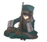  1girl black_eyes black_hair brown_gloves coat full_body fur-trimmed_headwear gloves green_coat green_pants gun gunner_(sekaiju) gunner_5_(sekaiju) head_rest long_hair oomarubath pants sekaiju_no_meikyuu sekaiju_no_meikyuu_2 sekaiju_no_meikyuu_hd simple_background sitting solo weapon white_background 