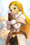  belt belt_pouch black_pants blonde_hair breathing_on_hands brown_gloves coat fur_collar fur_trim gloves gonzarez green_eyes hair_ornament hairclip highres link long_hair official_alternate_costume pants pointy_ears pouch princess_zelda snow the_legend_of_zelda the_legend_of_zelda:_breath_of_the_wild white_coat winter_clothes 