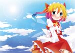  1girl blue_eyes blue_sky blush dress fairy fairy_wings hinata_ichi long_sleeves looking_at_viewer multicolored_hair open_mouth red_dress redhead sky smile sun sunlight sunny_milk tiara touhou two_side_up wings 