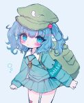  1girl backpack bag bandaid bandaid_on_leg blue_eyes blue_hair blue_shirt blue_skirt blush closed_mouth cowboy_shot flat_cap green_headwear grey_background hair_bobbles hair_ornament hat highres kawashiro_nitori key long_sleeves pleated_skirt renakobonb shirt short_hair simple_background skirt solo touhou twitter_username two_side_up 