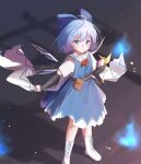  1girl ascot blue_dress blue_eyes blue_hair blush boots cirno clenched_hand closed_mouth cross-laced_footwear detached_wings dress hair_between_eyes highres ice ice_wings lace-up_boots lbcirno9 looking_at_viewer red_ascot scarf short_hair solo touhou twitter_username white_footwear wings 