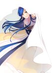  1girl absurdres blue_hair bustier closed_mouth dress floating_hair highres honzuki_no_gekokujou jewelry long_hair looking_at_viewer maine_(honzuki_no_gekokujou) ring san+ smile solo very_long_hair white_background white_dress yellow_eyes 