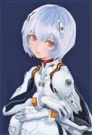  1girl absurdres ayanami_rei bangs blue_hair blush bodysuit commentary hair_between_eyes hair_ornament highres interface_headset lips looking_at_viewer neon_genesis_evangelion plugsuit red_eyes shiren_(ourboy83) short_hair simple_background solo white_bodysuit 