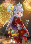  aqua_hair blurry blurry_background fireworks floral_print flower hair_flaps hair_flower hair_ornament japanese_clothes kimono long_hair looking_back magatama multicolored_hair obi_bow official_art open_mouth pinwheel pisuke red_eyes smile tenka_hyakken thick_eyebrows tsuda_echizen-no-kami_sukehiro two-tone_hair white_hair yukata 