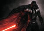  1boy armor black_armor black_cape cape darth_vader helmet highres holding holding_lightsaber holding_weapon mstm red_lightsaber solo star_wars weapon 