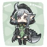  1girl arknights black_jacket black_thighhighs blush brown_eyes chibi closed_mouth commentary_request crocodilian_tail dog-san full_body gavial_(arknights) gloves green_hair grey_gloves grey_hair happy_birthday highres holding hood hood_up hooded_jacket jacket long_sleeves looking_at_viewer multicolored_hair pointy_ears puffy_long_sleeves puffy_sleeves smile standing streaked_hair tail thigh-highs tomimi_(arknights) 