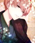  1boy 5204 bangs brown_eyes brown_hair flower hair_flower hair_ornament highres hiyoshi_wakashi japanese_clothes male_focus parted_lips pink_flower short_hair solo tan_background tennis_no_ouji-sama upper_body white_flower 