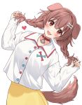  14_(vision5032) 1girl :3 absurdres animal_ears bangs blush bone_hair_ornament braid brown_eyes brown_hair collar collared_shirt dog_ears dog_girl dog_tail fangs hair_between_eyes hair_ornament heart highres holding holding_hair hololive inugami_korone long_hair long_sleeves low_twin_braids nail_polish open_mouth shirt sidelocks skirt smile solo tail twin_braids twintails virtual_youtuber white_background white_shirt yellow_nails yellow_skirt 