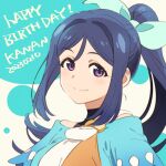  1girl bangs birthday blue_hair character_name commentary dated english_text genjitsu_no_yohane hair_ribbon happy_birthday high_ponytail long_hair looking_at_viewer love_live! love_live!_sunshine!! matsuura_kanan ponytail ribbon sidelocks smile solo tokira_nozumi upper_body violet_eyes 