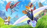  1other black_jacket brown_hair clouds collared_shirt commentary_request dachsbun day falling_leaves falling_petals grass hat highres holding jacket leaf looking_back mabosstiff mei_ford miraidon necktie open_mouth outdoors pawmot petals pokemon pokemon_(creature) pokemon_(game) pokemon_sv riding riding_pokemon salamence sawsbuck sawsbuck_(winter) shirt skeledirge sky strap teeth upper_teeth_only yellow_headwear 