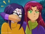  1990s_(style) 2girls animification brenni_murasaki clip_studio_paint_(medium) closed_mouth colored_sclera cosplay covering_another&#039;s_mouth daphne_ann_blake daphne_ann_blake_(cosplay) dc_comics forest glasses green_eyes green_scarf green_sclera hairband multiple_girls nature night night_sky outdoors purple_hair purple_hairband raven_(dc) redhead retro_artstyle scarf scooby-doo sky star_(sky) starfire starry_sky sweater teen_titans uneven_eyes upper_body velma_dace_dinkley velma_dace_dinkley_(cosplay) yellow_sweater 