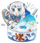 1girl :3 :d animal_hood bangs blue_eyes blue_hair blunt_bangs blush_stickers chibi commentary ebi-chan_(gawr_gura) fish_tail food gawr_gura hair_ornament hololive hololive_english hood in_food looking_at_viewer multicolored_hair open_mouth same_anko shark_girl shark_hair_ornament shark_hood shark_tail sharp_teeth shaved_ice simple_background smile solo streaked_hair tail teeth two_side_up virtual_youtuber white_background white_hair wide_sleeves 
