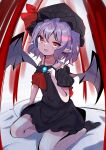  :d absurdres alternate_color ascot bangs bat_wings black_headwear black_shirt black_skirt commentary_request fang full_body hat hat_ribbon highres kyuu_cat looking_at_viewer mob_cap open_mouth pointy_ears purple_hair red_ascot red_eyes red_ribbon remilia_scarlet ribbon seiza shirt short_hair sitting skin_fang skirt smile touhou wings 