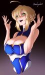 1girl ahoge artoria_pendragon_(fate) artoria_pendragon_(lancer)_(fate) bare_shoulders blonde_hair braid breasts cleavage_cutout clothing_cutout covered_navel fate/grand_order fate_(series) french_braid glowing glowing_eyes gradient_background green_eyes halterneck highres large_breasts looking_at_viewer open_mouth shadow sidelocks solo zealyush 