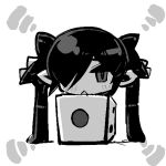  1girl backbeako box chibi commentary_request dice gegege_no_kitarou hair_over_one_eye hair_ribbon in_box in_container light_blush long_hair looking_at_viewer monochrome original pointy_ears ribbon simple_background solo torotei triangle_mouth twintails white_background 