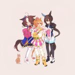  3girls admire_vega_(umamusume) ahoge armor asymmetrical_footwear black_pantyhose black_shirt blue_jacket boots brown_hair cane cape cat crown dressing_another full_body hairband high_heel_boots high_heels highres holding holding_cane holding_cape holding_clothes jacket long_hair long_sleeves looking_at_another low_ponytail mini_crown multicolored_hair multiple_girls nanaheibei_3 narita_top_road_(umamusume) necktie open_mouth orange_hair pantyhose shirt short_hair shoulder_armor simple_background skirt smile standing t.m._opera_o_(umamusume) thigh-highs thigh_strap two-tone_hair umamusume violet_eyes white_necktie white_pantyhose white_shirt white_skirt white_thighhighs 