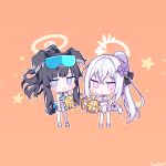  2girls animal_ears azusa_(blue_archive) black_hair blue_archive blue_eyes cheerleader chibi dog_ears halo hibiki_(blue_archive) hibiki_(cheerleader)_(blue_archive) highres lanubis multiple_girls orange_background star_(symbol) violet_eyes white_hair 