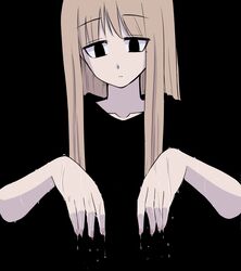  1girl bangs black_background black_eyes black_shirt brown_hair collarbone dripping fingernails highres long_hair mole mole_under_eye original ringoanu serious shirt short_sleeves simple_background solo water_drop wet 