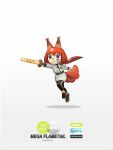  1girl animal_ears arknights black_footwear brown_eyes character_name crossover flametail_(arknights) gradient_background grey_jacket highres holding holding_sword holding_weapon jacket long_hair mii_(nintendo) nintendo nintendo_switch_sports norizc pants pinus_sylvestris_logo ponytail red_tail redhead shoes simple_background smile sneakers solo squirrel_ears sticker_on_face sword track_pants weapon white_background 
