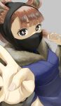  1girl absurdres animal_ears bangs blue_kimono boku_no_hero_academia brown_eyes brown_hair character_name commentary_request fengling_(furin-jp) fur-trimmed_kimono fur_trim hands_up highres japanese_clothes kimono looking_at_viewer mask medium_hair mouth_mask solo 