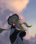  1girl absurdres apron black_headwear black_skirt black_vest blonde_hair braid broom closed_mouth clouds cloudy_sky feet_out_of_frame fire from_below hat highres iroiro_yaru_hito kirisame_marisa long_hair long_sleeves mini-hakkero shirt single_braid skirt sky smile solo touhou vest waist_apron white_apron white_shirt witch_hat yellow_eyes 