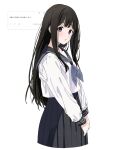  1girl bangs black_hair blush chitanda_eru commentary_request cropped_legs dated from_side highres hyouka long_hair looking_at_viewer parted_lips school_uniform solo to9_722 translation_request twitter v_arms violet_eyes white_background 