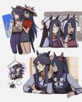  ... 2girls ? animal_ears apron bandaid bandaid_on_face bandaid_on_nose black_hair black_shorts blank_eyes blue_shirt blush bow bowtie cellphone character_doll crane_game dark-skinned_female dark_skin ears_through_headwear fang hat head_scarf highres hishi_amazon_(umamusume) holding holding_knife holding_map holding_phone horse_ears horse_girl horse_tail knife long_hair long_sleeves mado_(71221497o) map multiple_girls multiple_views narita_brian_(umamusume) open_mouth pants phone ponytail purple_pants red_eyes red_shirt sailor_collar school_uniform shirt short_sleeves shorts spoken_ellipsis spoken_question_mark sun_hat tail tracen_school_uniform umamusume white_shirt yellow_eyes 