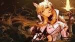  1girl absurdres animal_ear_fluff animal_ears arknights armor bangs blonde_hair breasts coat gauntlets gloves hair_between_eyes headset highres horse_ears implied_extra_ears long_hair looking_at_viewer medium_breasts nearl_(arknights) nearl_the_radiant_knight_(arknights) orange_eyes pauldrons shoulder_armor signature solo upper_body very_long_hair white_coat yuki_flourish 