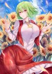  1girl ascot bangs blue_sky breasts closed_mouth clouds commentary_request field flower flower_field frilled_skirt frills green_hair highres kazami_yuuka large_breasts long_sleeves looking_at_viewer mirufui outdoors parted_lips red_eyes red_skirt red_vest shirt short_hair sketch skirt sky smile solo sunflower touhou vest white_shirt yellow_ascot yellow_flower 