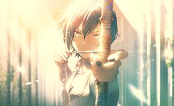 arrow blue_eyes blue_hair dress kaito kaito_(vocaloid) looking_at_viewer nail_polish project_sekai short_hair vocaloid weapon