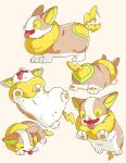  afterimage animal_focus closed_eyes commentary_request fangs green_eyes highres lying motion_lines multiple_views open_mouth pokemon roncha_(shumokumoku) sleeping tail tail_wagging tongue tongue_out yamper 