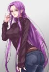  1girl denim fate/stay_night fate_(series) forehead glasses gradient_background highres jeans long_hair looking_at_viewer medusa_(fate) medusa_(rider)_(fate) mkm_0610 nail_polish pants purple_hair purple_nails simple_background solo sweater turtleneck turtleneck_sweater underwear violet_eyes 