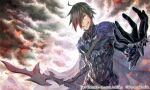  1boy abs armor artist_name black_gloves cape clouds cloudy_sky copyright_name garutaisa gloves grin hair_over_one_eye holding holding_weapon male_focus multicolored_hair orange_eyes short_hair sky smile streaked_hair weapon your_chronicle 