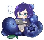  ... 1girl a-chan_(hololive) aqua_eyes black-framed_eyewear black_jacket blue_bow blue_hair blueberry bow chibi commentary computer food frown fruit glasses grey_pants hair_bow hololive jacket laptop pants same_anko short_hair simple_background sitting solo spoken_ellipsis virtual_youtuber white_background 