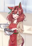  1girl absurdres animal_ears apron blurry blurry_background blush breasts brown_hair casual chocolate chocolate_on_face commentary_request food food_on_face highres horse_ears horse_girl horse_tail kitchen kohaku_teru looking_at_viewer medium_breasts nice_nature_(umamusume) redhead solo tail umamusume valentine 