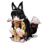  1girl all_fours animal_ear_fluff animal_ears barefoot black_hair bone bow chain commentary cuffs fingernails hair_bow highres jun_(seojh1029) knit_sweater long_hair looking_at_viewer messy_hair original red_eyes shackles sharp_fingernails sharp_toenails solo squatting symbol-only_commentary tail tail_bow tail_ornament toenails white_background wolf_ears wolf_girl wolf_tail 