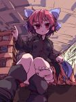 1girl bangs black_footwear black_shirt blue_bow bow collared_shirt commentary feet full_body hair_bow indoors isu_(is88) long_sleeves looking_at_viewer open_mouth red_eyes redhead sekibanki shirt short_hair sitting soles solo touhou 