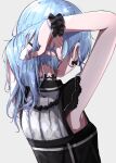  1girl armpits blue_hair earrings hair_ornament hair_scrunchie hair_strand highres hololive hoshimachi_suisei jewelry lace-trimmed_collar lace_trim long_hair nail_polish nape neck ramaru_moch ring scrunchie sidelocks simple_background sleeveless solo tying_hair virtual_youtuber 