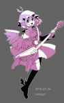  1girl animal_ears artist_name bangs bird_ears bird_wings dated dress electric_guitar full_body grey_background guitar hair_between_eyes hat highres holding holding_instrument instrument juliet_sleeves long_sleeves mystia_lorelei namauni open_mouth puffy_sleeves shoes short_hair simple_background sleeve_garter smile solo thigh-highs touhou winged_footwear winged_hat wings 