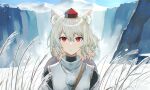  1girl animal_ear_fluff animal_ears bangs closed_mouth hair_between_eyes harapan-kun hat highres inubashiri_momiji japanese_clothes looking_at_viewer pom_pom_(clothes) portrait red_eyes red_headwear short_hair snow solo straight-on tokin_hat touhou white_hair wolf_ears 