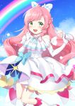  ahoge ascot blue_bow blush bow cure_prism dress elbow_gloves gloves green_eyes heart heart_ahoge hirogaru_sky!_precure long_hair magical_girl nijigaoka_mashiro open_mouth pink_hair precure sky_mirage smile unya_(unya-unya) white_ascot white_bow white_dress white_gloves 